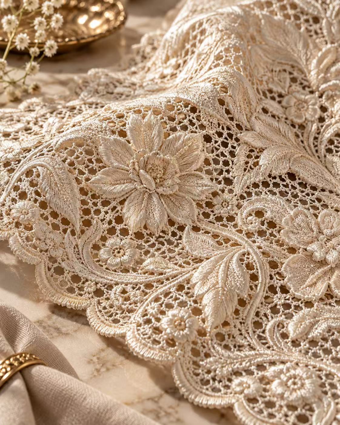 Detailed macro view of ivory lace and raised embroidery