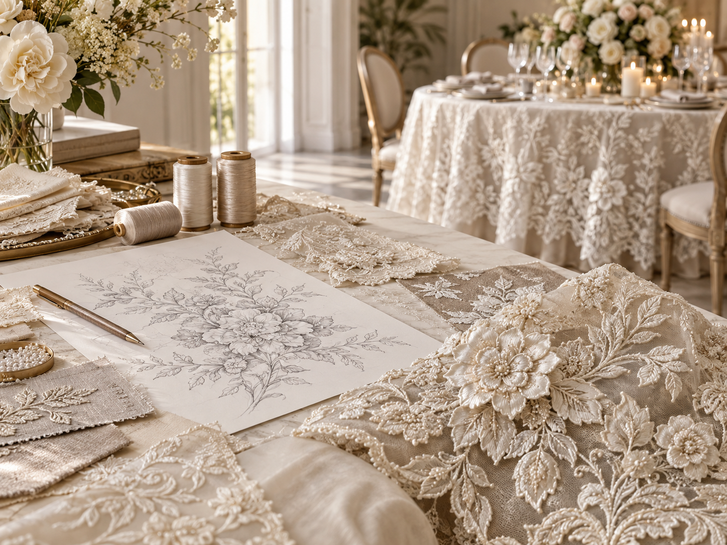 Elegant hospitality table set with white table linen
