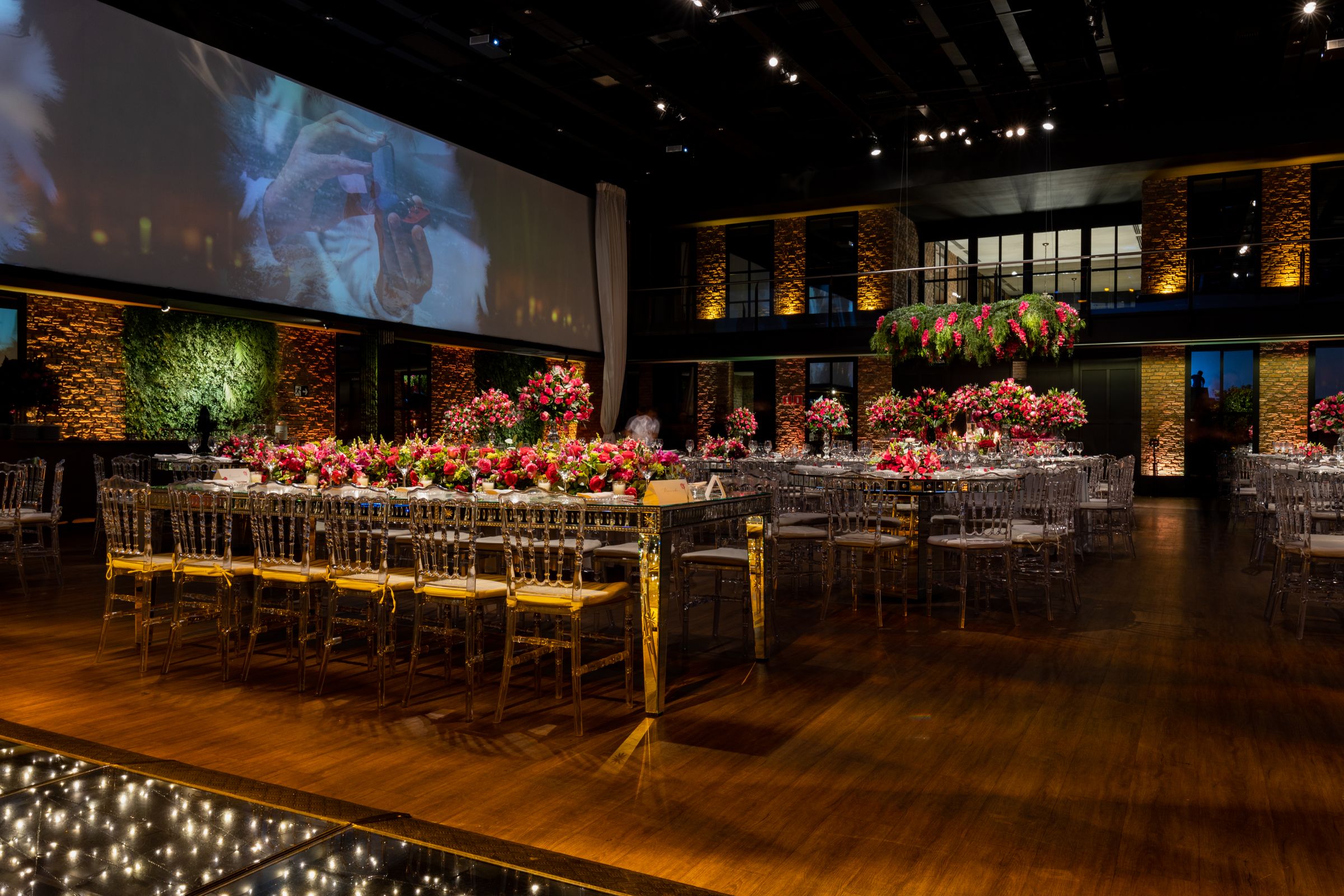 A distinctive formal event environment with long dressed tables