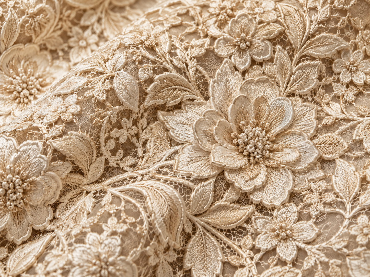 Dense raised floral embroidery with closely worked petals and leaves