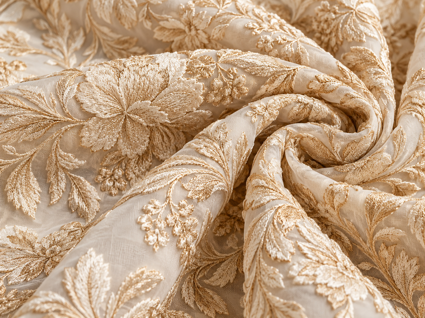 Folded dense floral embroidery showing dimensional buildup and fabric volume
