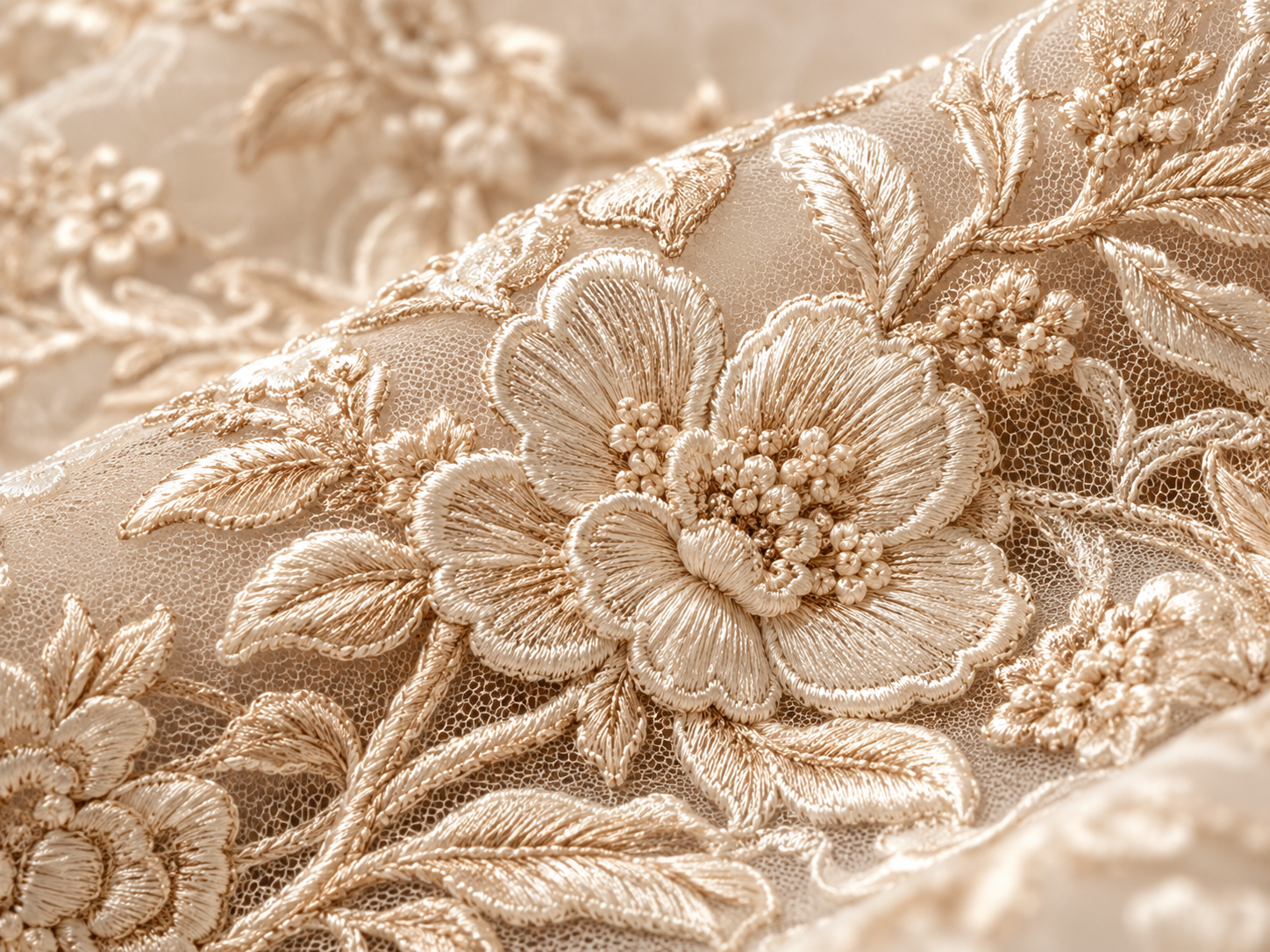 Dense leaf embroidery showing closely secured stitching along the motif edges