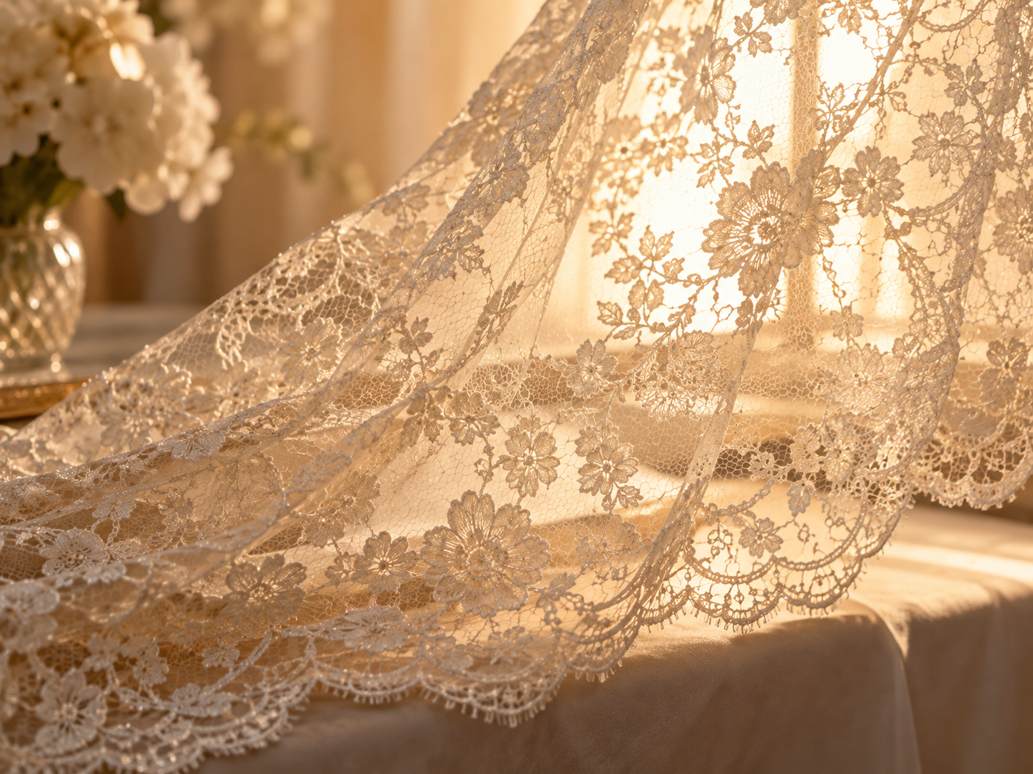 Warm-toned background visible through open ivory lace threadwork