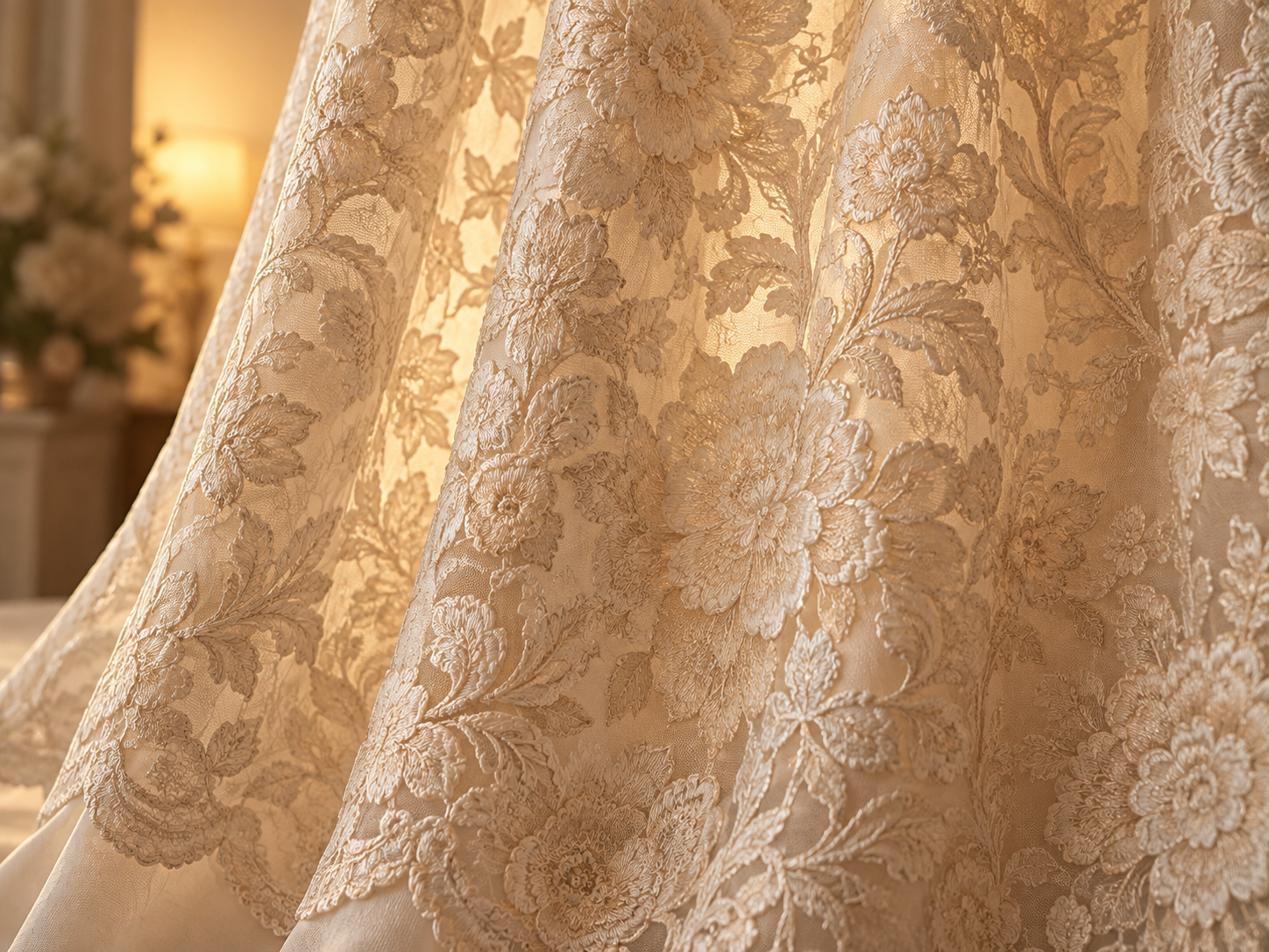 Fuller floral embroidery coverage draped in warm event lighting