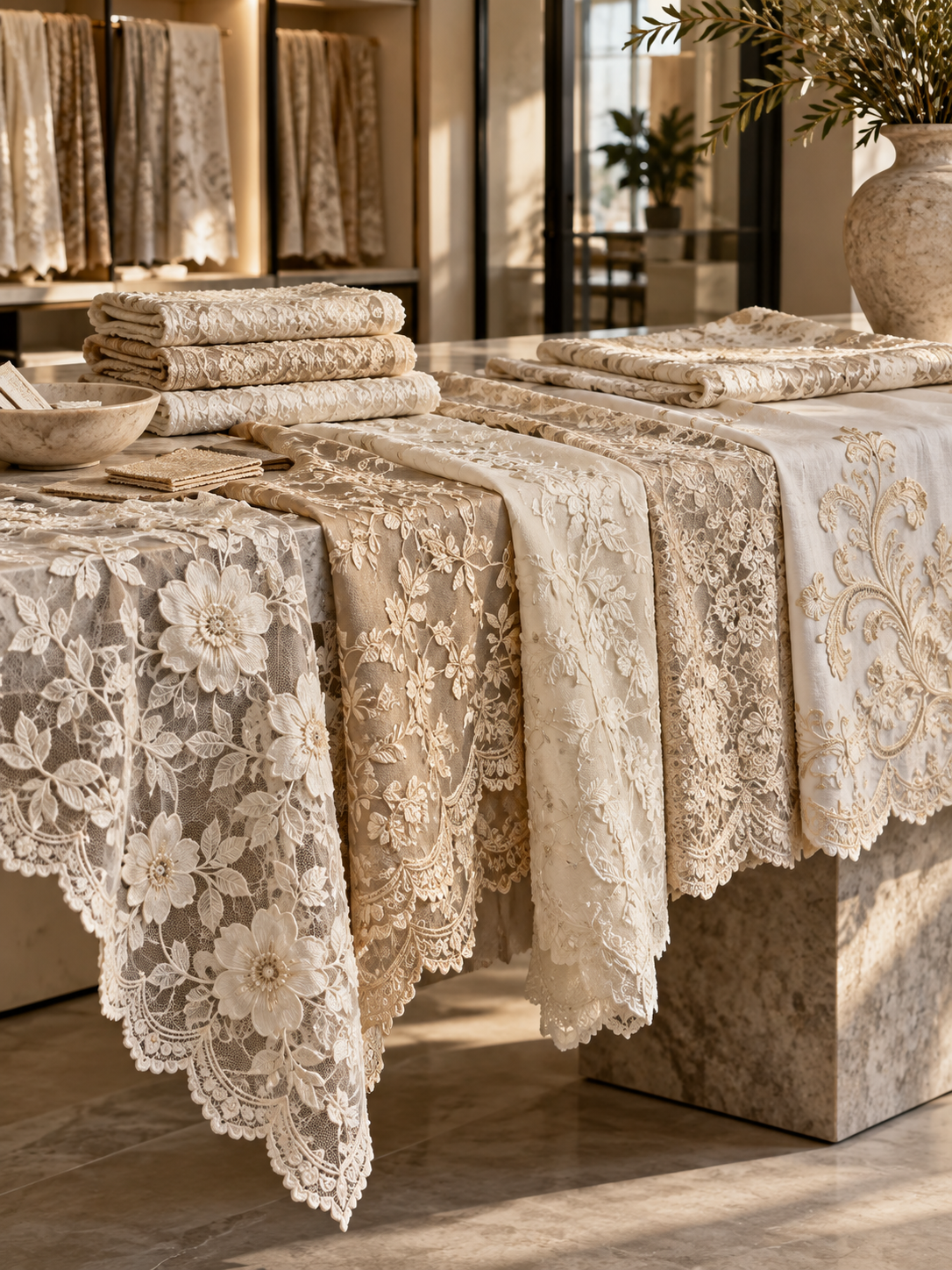 Layered place settings across a linen-dressed table