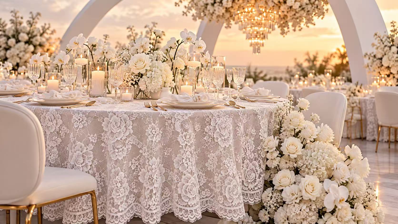 An elegant hospitality table set with white table linen and glassware