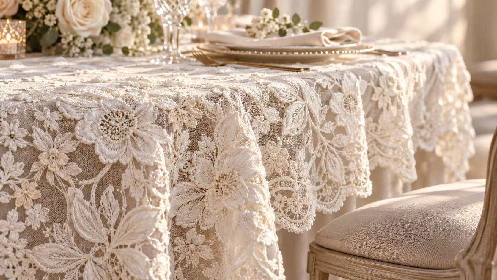 Close-up of warm ivory lace texture